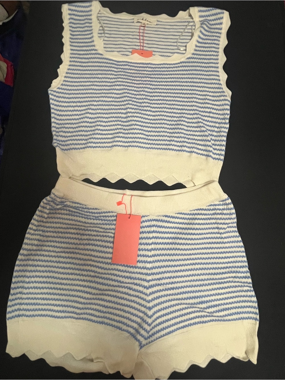 Striped Knit Tank & Short Set in Light Blue and Cream Size Large